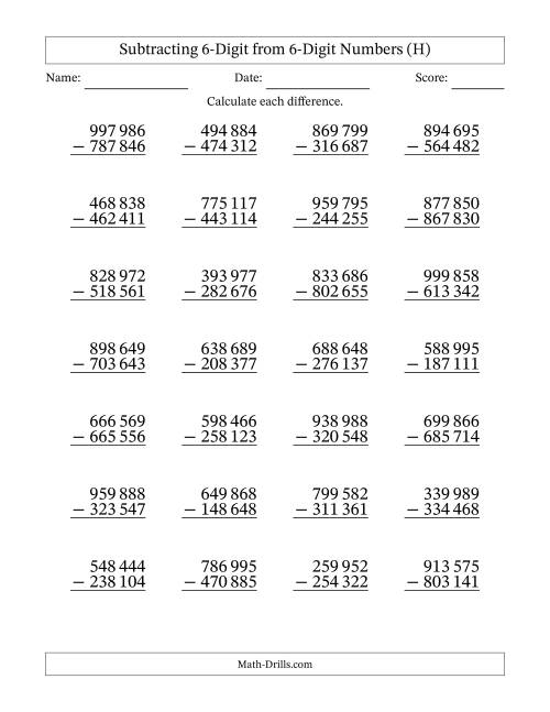 The Subtracting 6-Digit from 6-Digit Numbers With No Regrouping (28 Questions) (Space Separated Thousands) (H) Math Worksheet