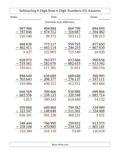 The Subtracting 6-Digit from 6-Digit Numbers With No Regrouping (28 Questions) (Space Separated Thousands) (H) Math Worksheet Page 2
