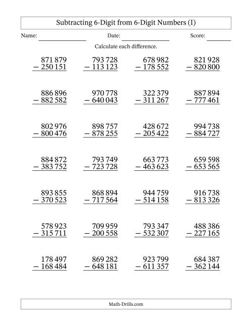 The Subtracting 6-Digit from 6-Digit Numbers With No Regrouping (28 Questions) (Space Separated Thousands) (I) Math Worksheet