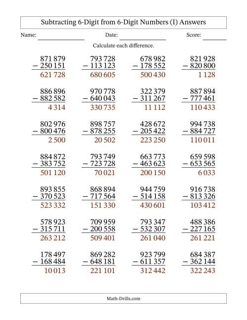 The Subtracting 6-Digit from 6-Digit Numbers With No Regrouping (28 Questions) (Space Separated Thousands) (I) Math Worksheet Page 2