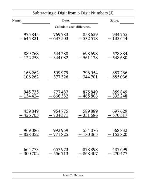 The Subtracting 6-Digit from 6-Digit Numbers With No Regrouping (28 Questions) (Space Separated Thousands) (J) Math Worksheet