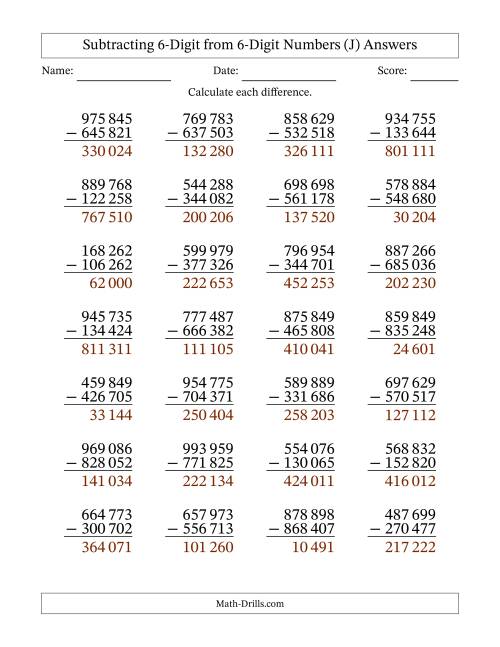 The Subtracting 6-Digit from 6-Digit Numbers With No Regrouping (28 Questions) (Space Separated Thousands) (J) Math Worksheet Page 2