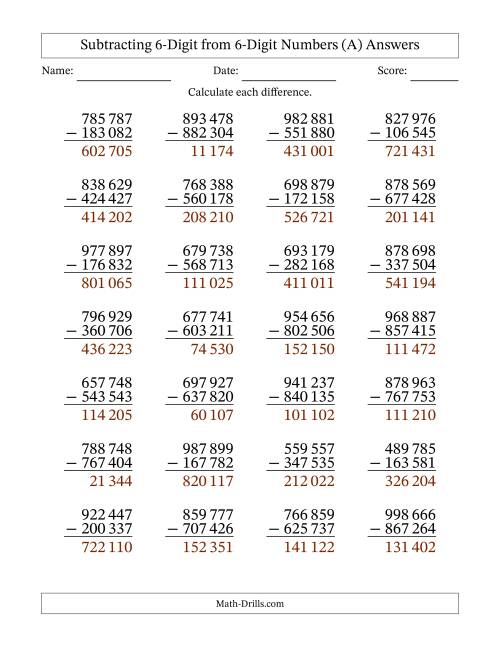 The Subtracting 6-Digit from 6-Digit Numbers With No Regrouping (28 Questions) (Space Separated Thousands) (All) Math Worksheet Page 2