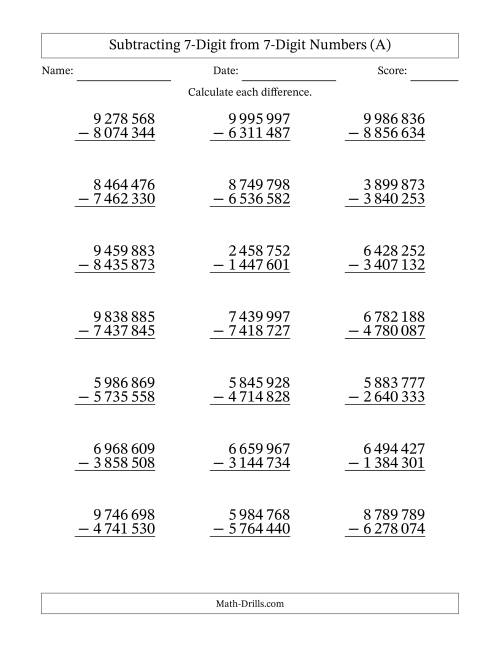 The 7-Digit Minus 7-Digit Subtraction with NO Regrouping with Space-Separated Thousands (A) Math Worksheet