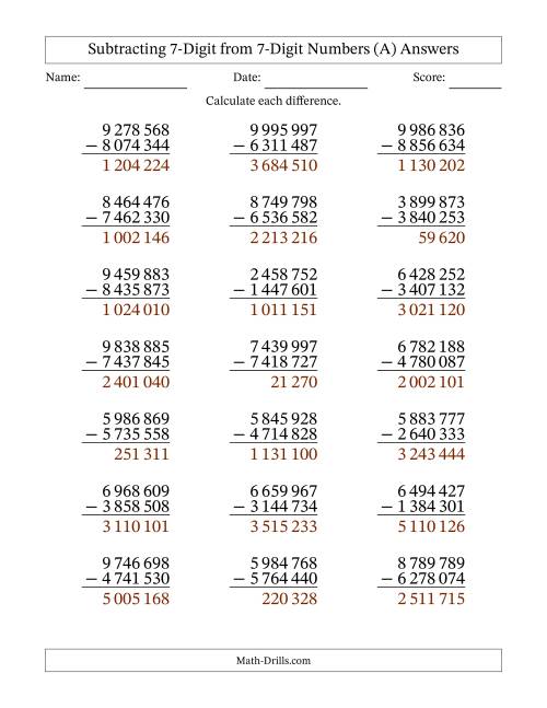 The 7-Digit Minus 7-Digit Subtraction with NO Regrouping with Space-Separated Thousands (A) Math Worksheet Page 2