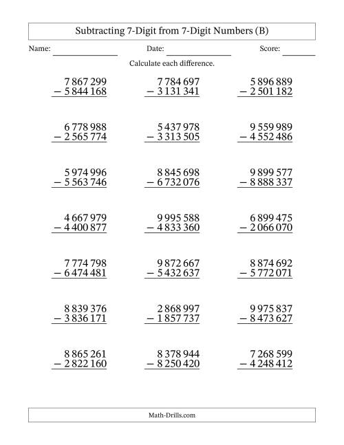 The Subtracting 7-Digit from 7-Digit Numbers With No Regrouping (21 Questions) (Space Separated Thousands) (B) Math Worksheet