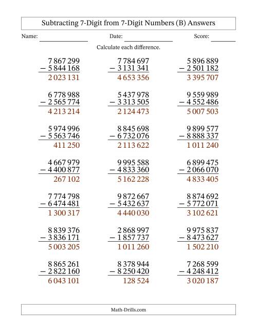 The Subtracting 7-Digit from 7-Digit Numbers With No Regrouping (21 Questions) (Space Separated Thousands) (B) Math Worksheet Page 2