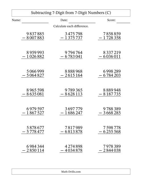 The Subtracting 7-Digit from 7-Digit Numbers With No Regrouping (21 Questions) (Space Separated Thousands) (C) Math Worksheet