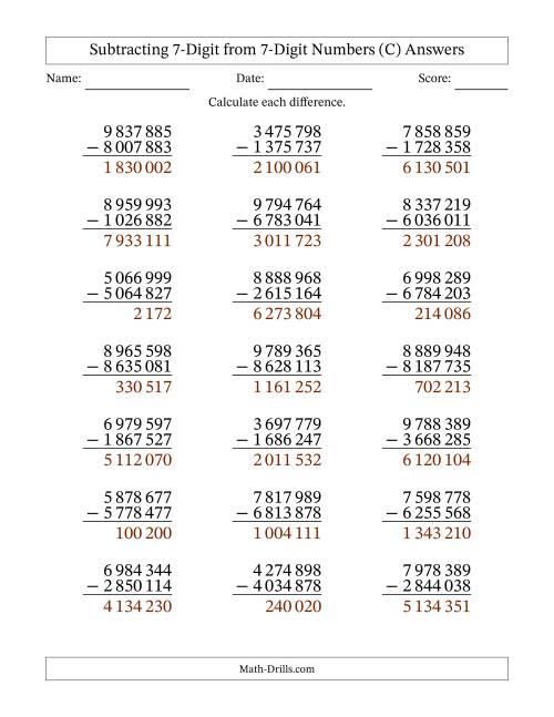 The Subtracting 7-Digit from 7-Digit Numbers With No Regrouping (21 Questions) (Space Separated Thousands) (C) Math Worksheet Page 2