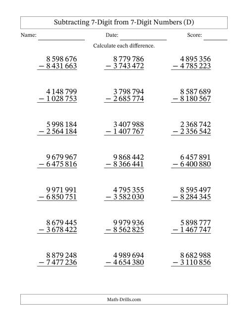 The Subtracting 7-Digit from 7-Digit Numbers With No Regrouping (21 Questions) (Space Separated Thousands) (D) Math Worksheet