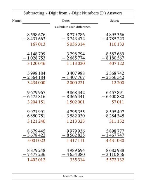 The Subtracting 7-Digit from 7-Digit Numbers With No Regrouping (21 Questions) (Space Separated Thousands) (D) Math Worksheet Page 2