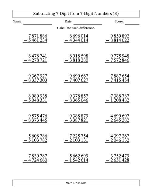 The Subtracting 7-Digit from 7-Digit Numbers With No Regrouping (21 Questions) (Space Separated Thousands) (E) Math Worksheet