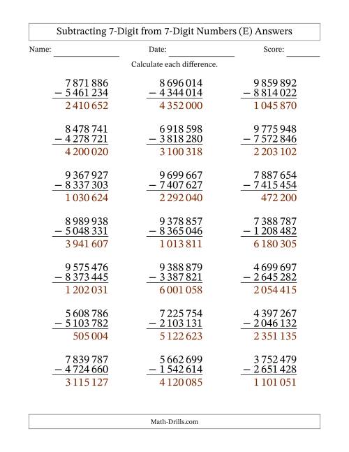 The Subtracting 7-Digit from 7-Digit Numbers With No Regrouping (21 Questions) (Space Separated Thousands) (E) Math Worksheet Page 2