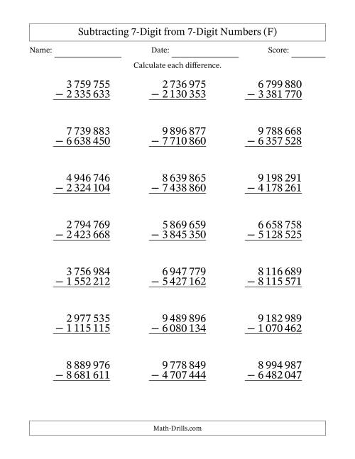 The Subtracting 7-Digit from 7-Digit Numbers With No Regrouping (21 Questions) (Space Separated Thousands) (F) Math Worksheet