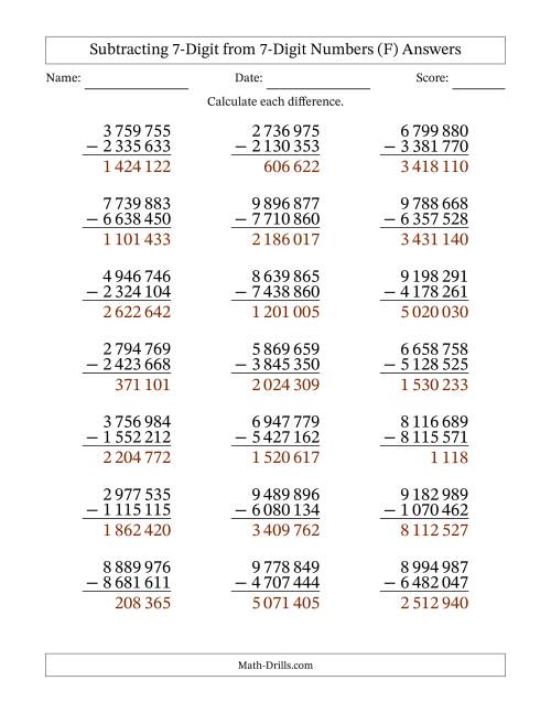The Subtracting 7-Digit from 7-Digit Numbers With No Regrouping (21 Questions) (Space Separated Thousands) (F) Math Worksheet Page 2