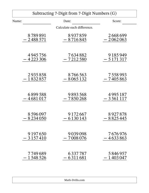 The Subtracting 7-Digit from 7-Digit Numbers With No Regrouping (21 Questions) (Space Separated Thousands) (G) Math Worksheet