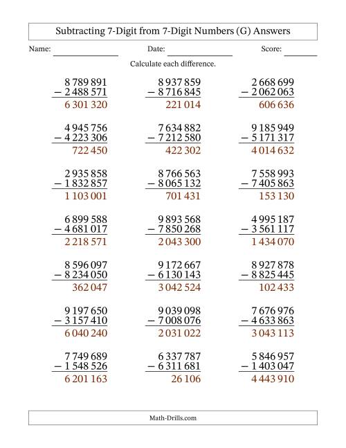 The Subtracting 7-Digit from 7-Digit Numbers With No Regrouping (21 Questions) (Space Separated Thousands) (G) Math Worksheet Page 2