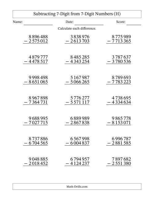 The Subtracting 7-Digit from 7-Digit Numbers With No Regrouping (21 Questions) (Space Separated Thousands) (H) Math Worksheet