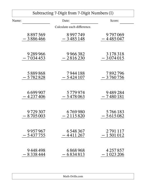 The Subtracting 7-Digit from 7-Digit Numbers With No Regrouping (21 Questions) (Space Separated Thousands) (I) Math Worksheet