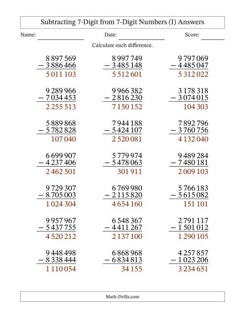 The Subtracting 7-Digit from 7-Digit Numbers With No Regrouping (21 Questions) (Space Separated Thousands) (I) Math Worksheet Page 2