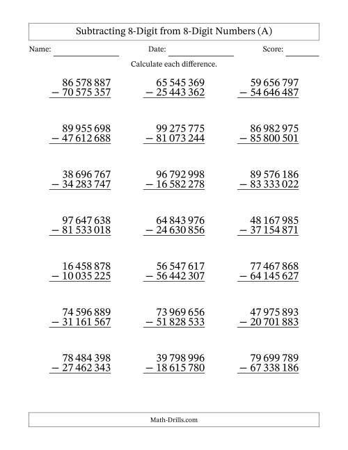The 8-Digit Minus 8-Digit Subtraction with NO Regrouping with Space-Separated Thousands (A) Math Worksheet