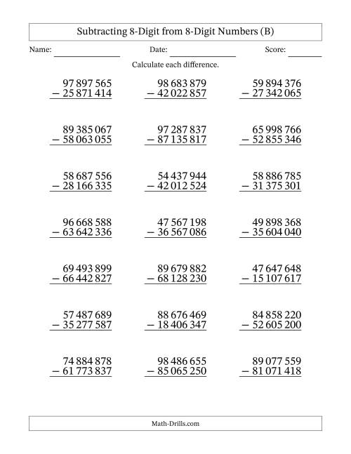 The 8-Digit Minus 8-Digit Subtraction with NO Regrouping with Space-Separated Thousands (B) Math Worksheet