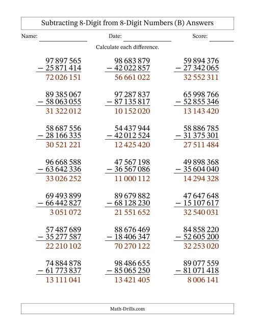 The 8-Digit Minus 8-Digit Subtraction with NO Regrouping with Space-Separated Thousands (B) Math Worksheet Page 2