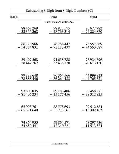 The 8-Digit Minus 8-Digit Subtraction with NO Regrouping with Space-Separated Thousands (C) Math Worksheet