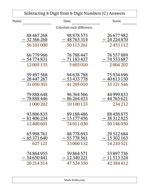 The 8-Digit Minus 8-Digit Subtraction with NO Regrouping with Space-Separated Thousands (C) Math Worksheet Page 2