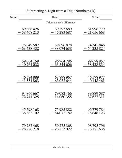 The 8-Digit Minus 8-Digit Subtraction with NO Regrouping with Space-Separated Thousands (D) Math Worksheet