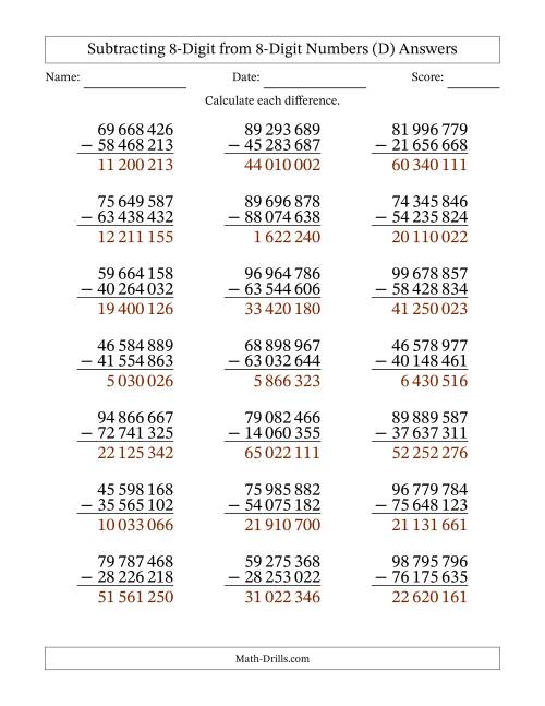 The Subtracting 8-Digit from 8-Digit Numbers With No Regrouping (21 Questions) (Space Separated Thousands) (D) Math Worksheet Page 2
