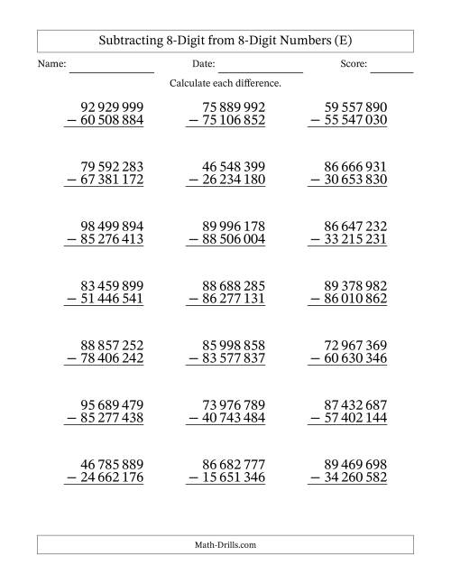 The 8-Digit Minus 8-Digit Subtraction with NO Regrouping with Space-Separated Thousands (E) Math Worksheet