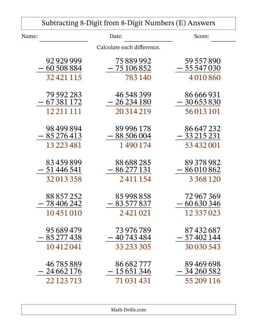 The 8-Digit Minus 8-Digit Subtraction with NO Regrouping with Space-Separated Thousands (E) Math Worksheet Page 2