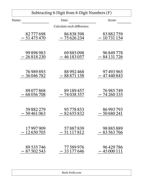 The 8-Digit Minus 8-Digit Subtraction with NO Regrouping with Space-Separated Thousands (F) Math Worksheet