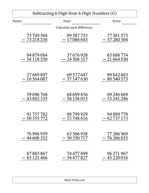The 8-Digit Minus 8-Digit Subtraction with NO Regrouping with Space-Separated Thousands (G) Math Worksheet