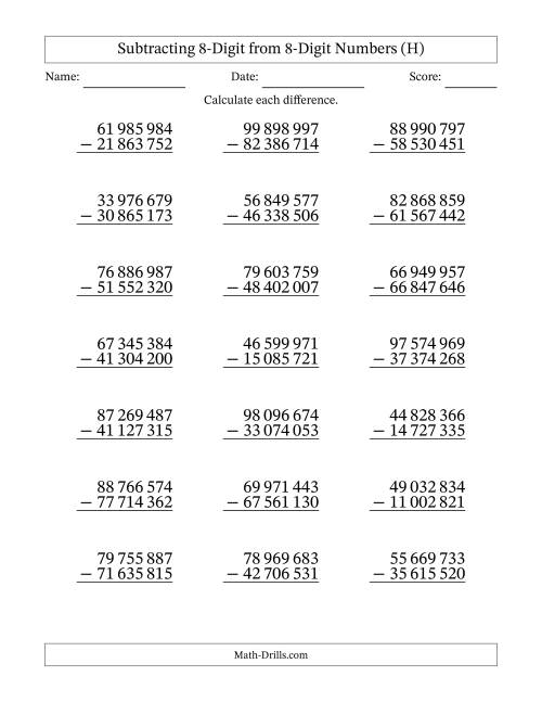 The Subtracting 8-Digit from 8-Digit Numbers With No Regrouping (21 Questions) (Space Separated Thousands) (H) Math Worksheet