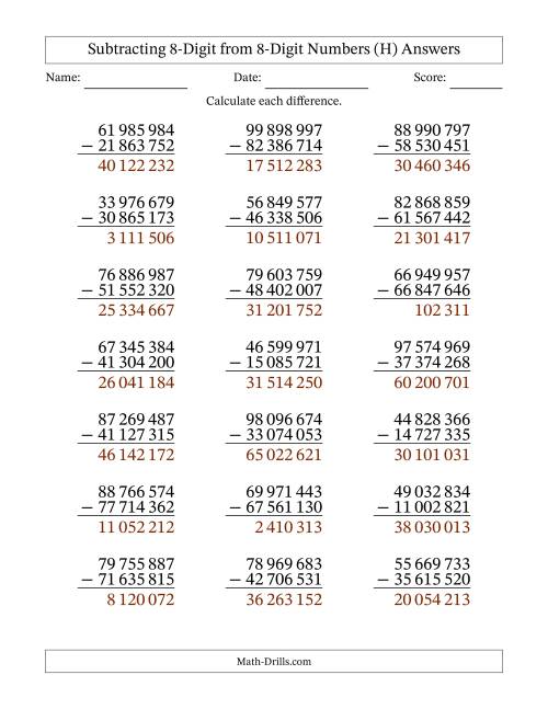 The Subtracting 8-Digit from 8-Digit Numbers With No Regrouping (21 Questions) (Space Separated Thousands) (H) Math Worksheet Page 2