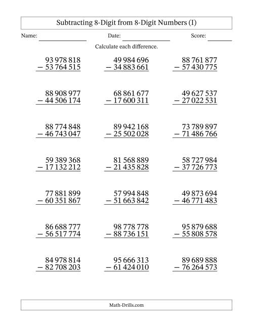 The 8-Digit Minus 8-Digit Subtraction with NO Regrouping with Space-Separated Thousands (I) Math Worksheet
