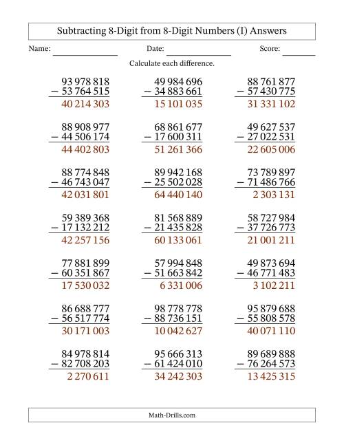 The Subtracting 8-Digit from 8-Digit Numbers With No Regrouping (21 Questions) (Space Separated Thousands) (I) Math Worksheet Page 2
