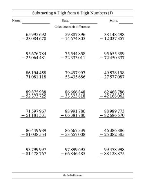 The Subtracting 8-Digit from 8-Digit Numbers With No Regrouping (21 Questions) (Space Separated Thousands) (J) Math Worksheet