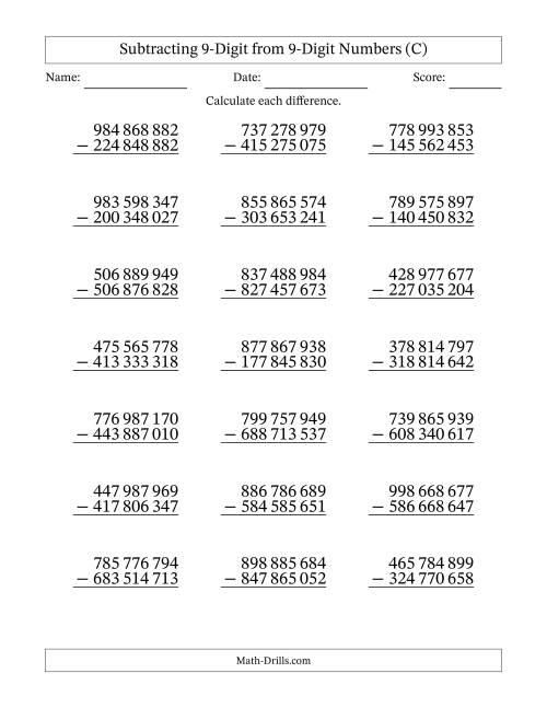 The Subtracting 9-Digit from 9-Digit Numbers With No Regrouping (21 Questions) (Space Separated Thousands) (C) Math Worksheet