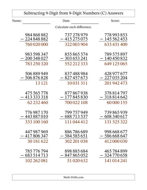 The Subtracting 9-Digit from 9-Digit Numbers With No Regrouping (21 Questions) (Space Separated Thousands) (C) Math Worksheet Page 2