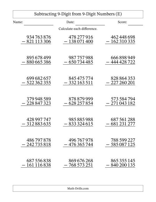 The Subtracting 9-Digit from 9-Digit Numbers With No Regrouping (21 Questions) (Space Separated Thousands) (E) Math Worksheet