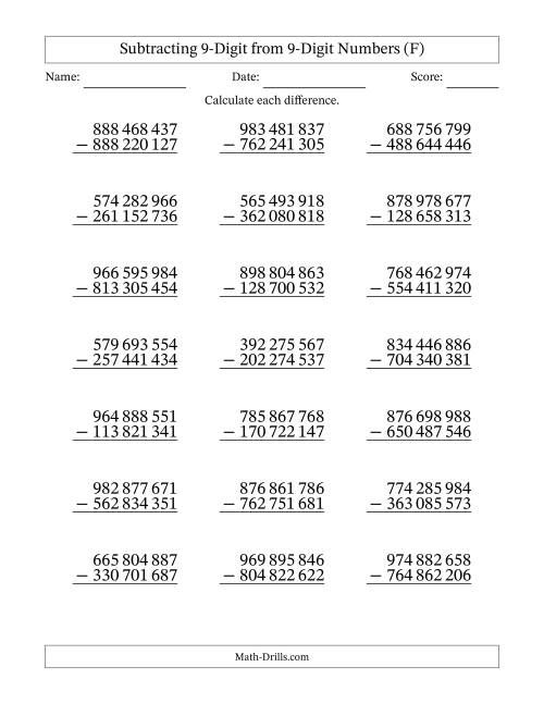 The Subtracting 9-Digit from 9-Digit Numbers With No Regrouping (21 Questions) (Space Separated Thousands) (F) Math Worksheet