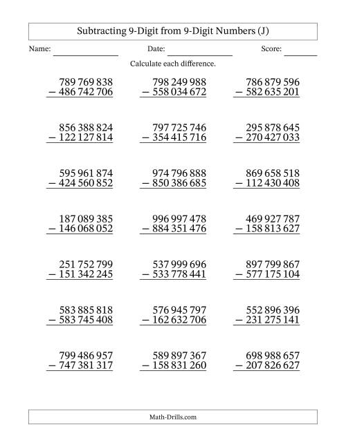 The Subtracting 9-Digit from 9-Digit Numbers With No Regrouping (21 Questions) (Space Separated Thousands) (J) Math Worksheet