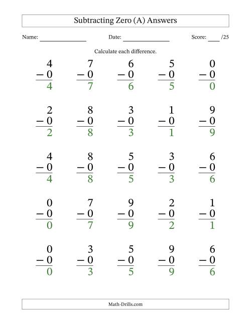 The Subtracting Zero With Differences from 0 to 9 – 25 Large Print Questions (A) Math Worksheet Page 2