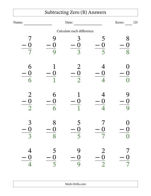 The Subtracting Zero With Differences from 0 to 9 – 25 Large Print Questions (B) Math Worksheet Page 2