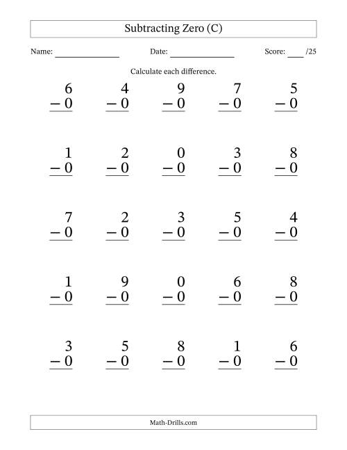 The Subtracting Zero With Differences from 0 to 9 – 25 Large Print Questions (C) Math Worksheet