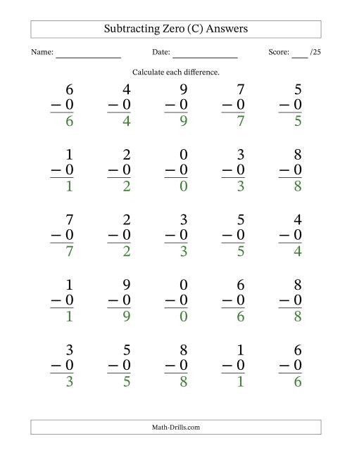 The Subtracting Zero (0) with Differences 0 to 9 (25 Questions) (C) Math Worksheet Page 2
