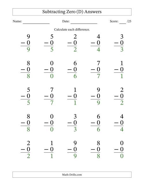 The Subtracting Zero With Differences from 0 to 9 – 25 Large Print Questions (D) Math Worksheet Page 2